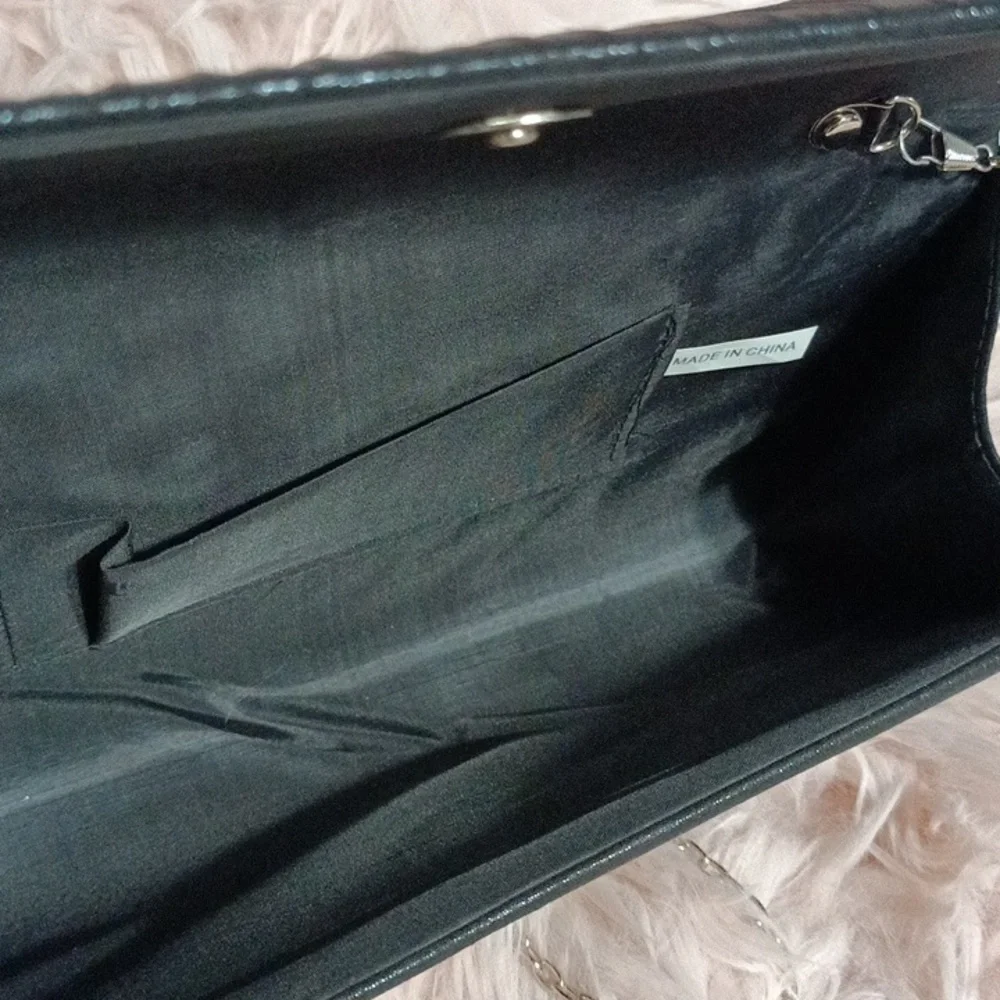 Shimmer Black Envelope Clutch Formal Chain Strap Handbag
